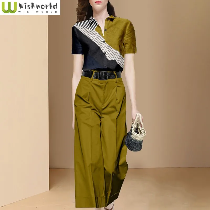 

Advanced Fashion Set Women's Spring/Summer 2023 New Fashionable Retro Print Shirt Wide Leg Pants Two Piece Set