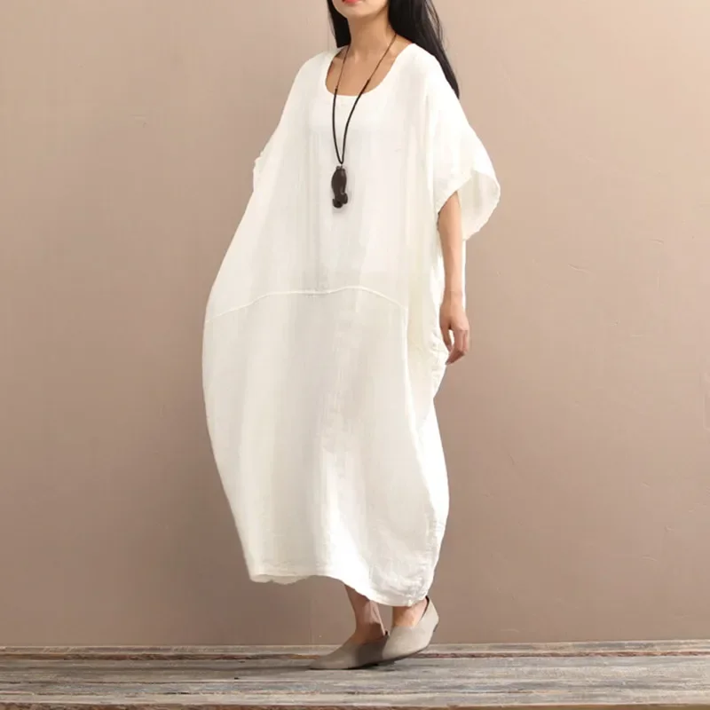 

New Pullover Dress 2024 Summer Spring Short Sleeve Dress O Neck Loose Plus Size Cotton Linen Mori Girl Fresh Literary Long Robe