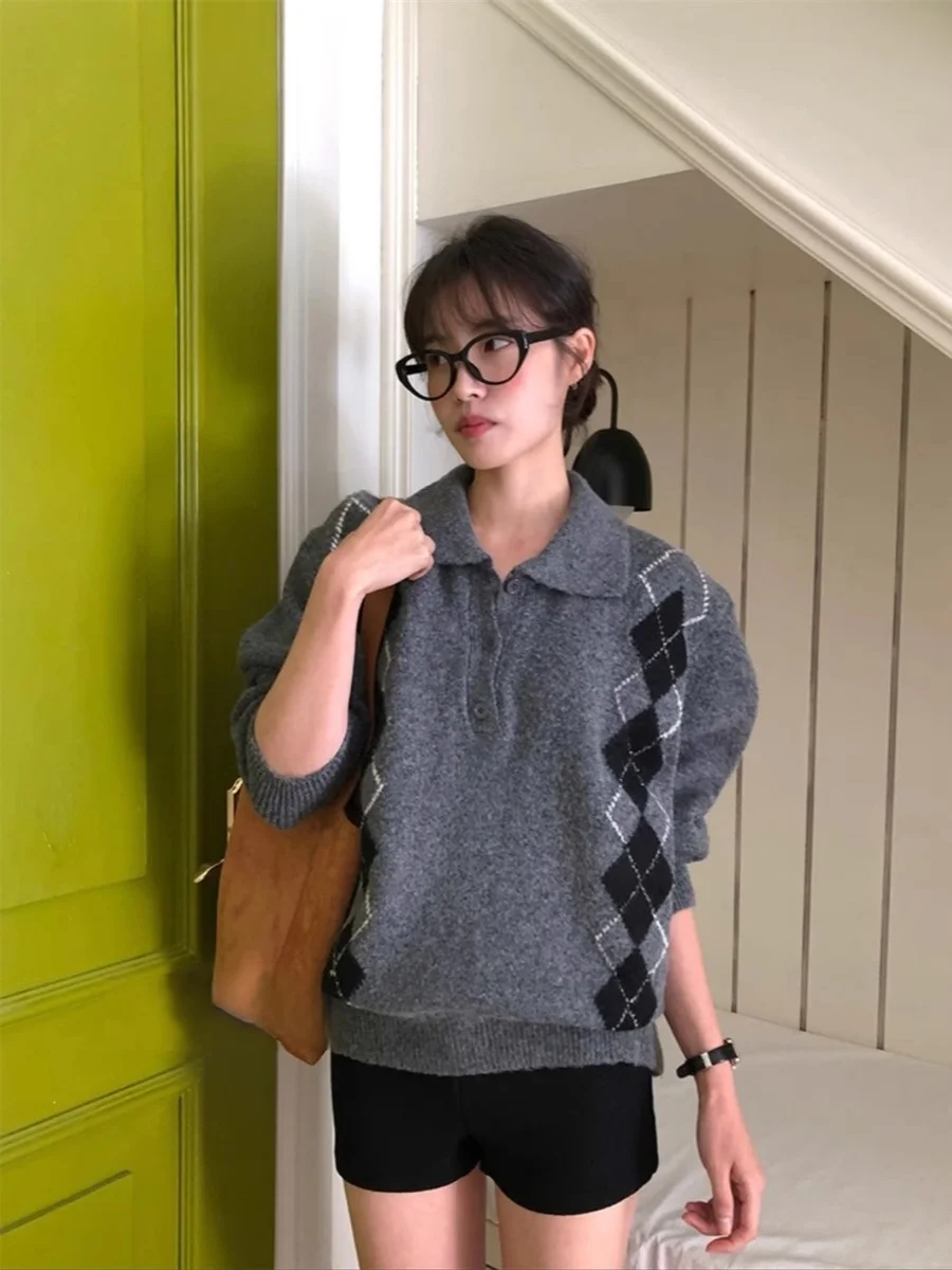 

Классический id Miu Sle вязаный свитер в стиле ретро, повседневный воротник, винтажный SEI, корейская версия, для колледжа, ранняя осень, на молнии, длинный све