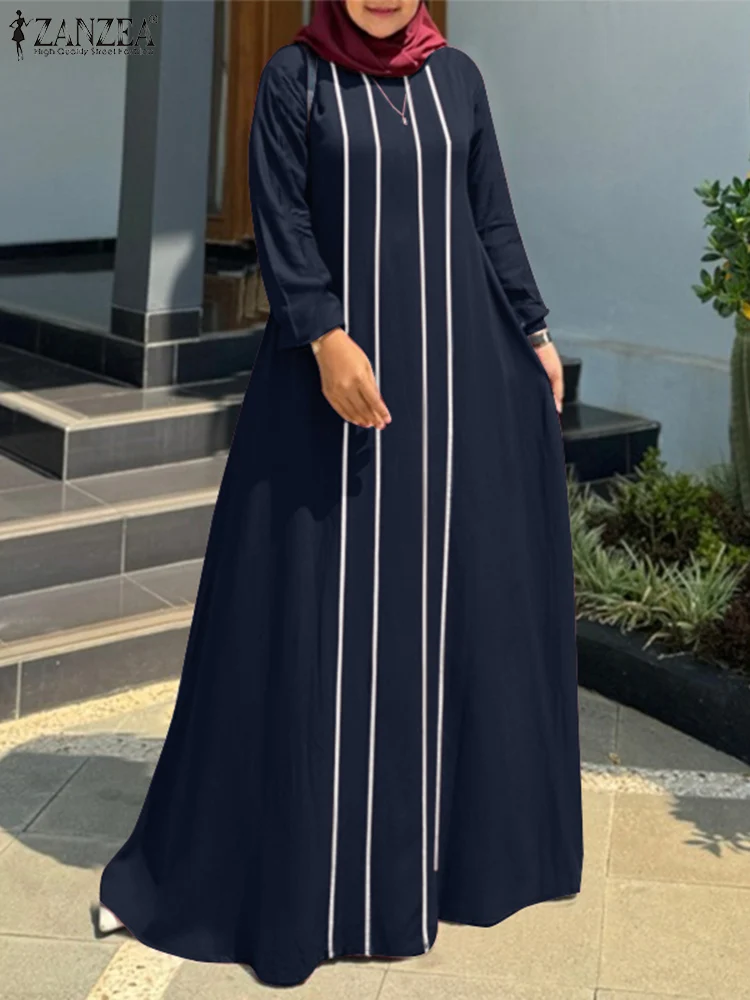 ZANZEA Fashion Women Autumn Long Sleeve Muslim Abaya Dress Patchwork Sundress Casual Loose Vestidos Maxi Robe IsIamic Clothing