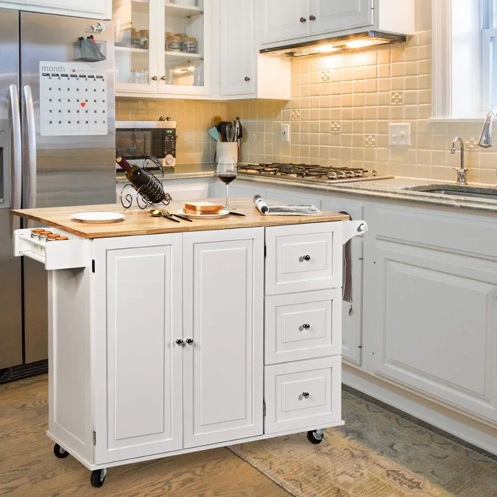 Kitchen Island Cart with Drop-Leaf Tabletop, Large Trolley Cart with Large Cabinet, 3 Drawers, Spice Rack, Towel Rack