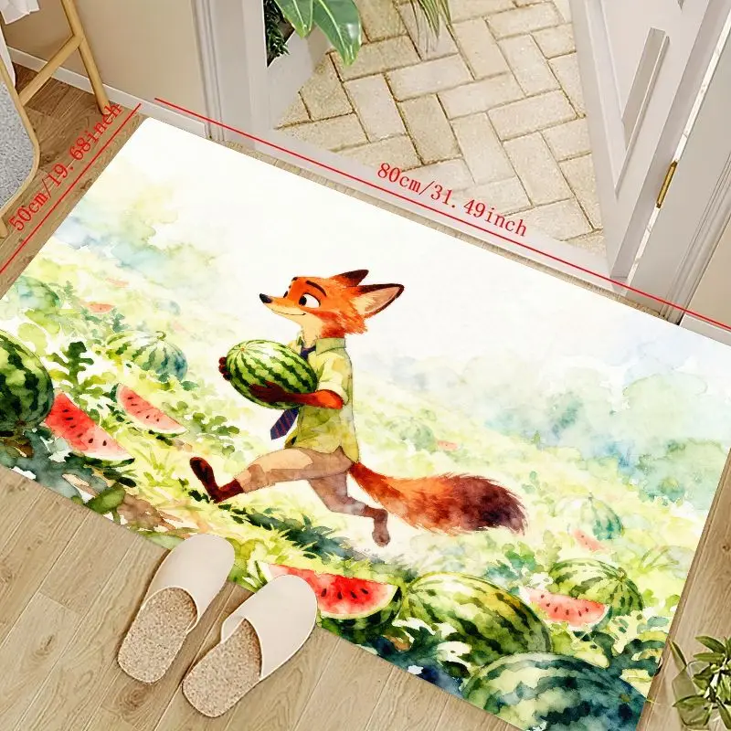 

1PC Adorable Zootopia Nick Wilde Fox & Watermelon Field Watercolor Art Floor Mat, 50x80cm/19.68x31.49inch Soft Non-Slip Absorben