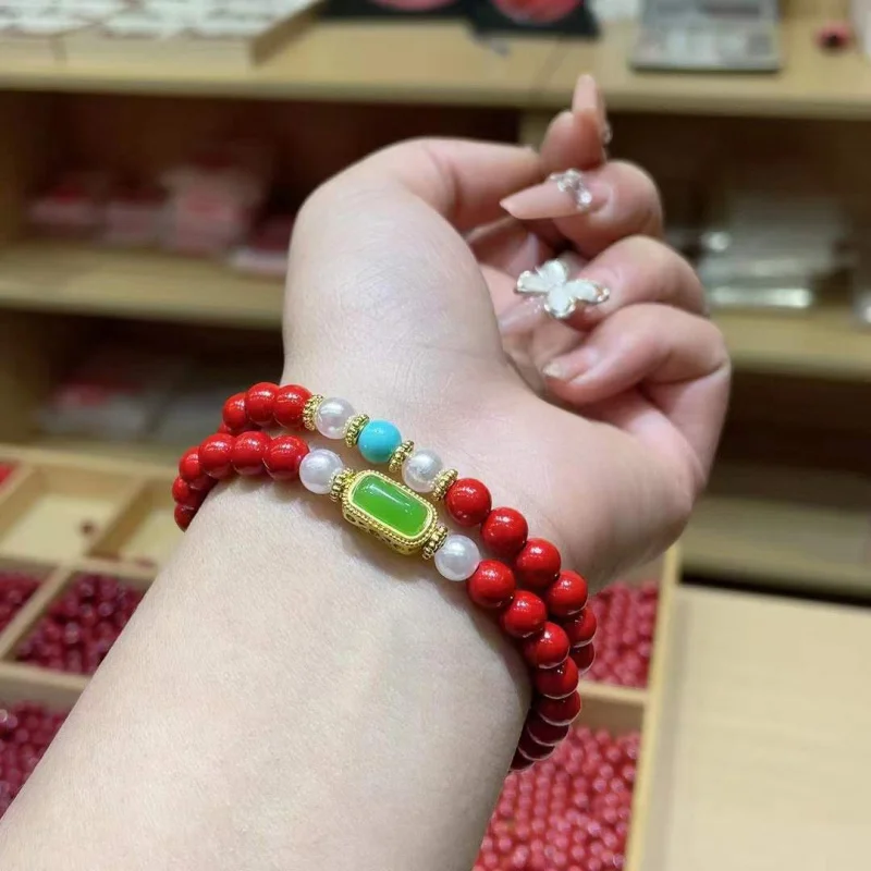 Red Sand Double Ring Bracelet, Bead Diameter about 6mm