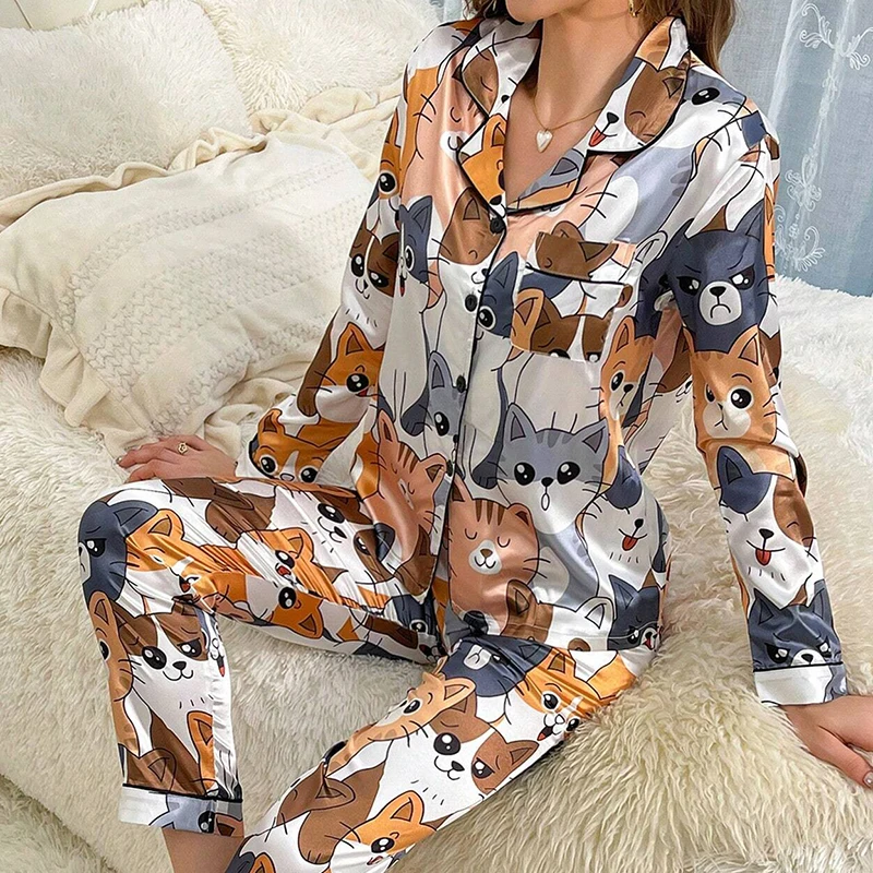 Satin Cute Cat Print Pajama Set | Long Sleeve Lapel Top & Pants Luxury Women Fall Sleepwear