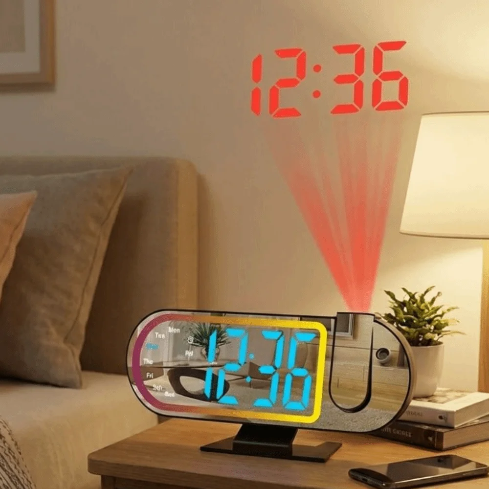 Large Screen Projection Alarm Clock Temperature Colorful Projection LED Projection Clock RGB Mood Light Auto Dimming