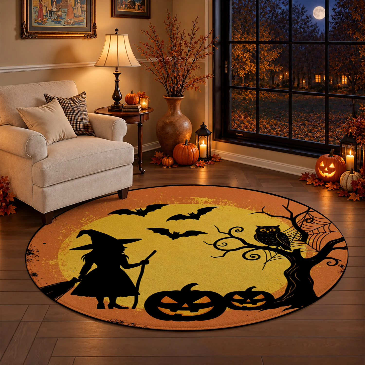 Halloween Witch Bat Pumpkin Owl Silhouette Round Velvet Area Rug, Machine Washable Stable Floor Mat for Living Room, Bedroom, Entryway, Halloween Thanksgiving Black Friday Cyber Monday Christmas New Year Home Decor