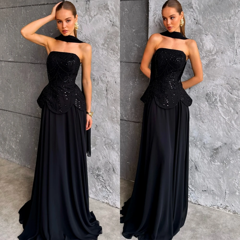 

Customized Soft Strapless Evening Dress Elegant Chiffon Cocktail Dress Temperament Sweep Train Sleeveless Special Occasion Gowns