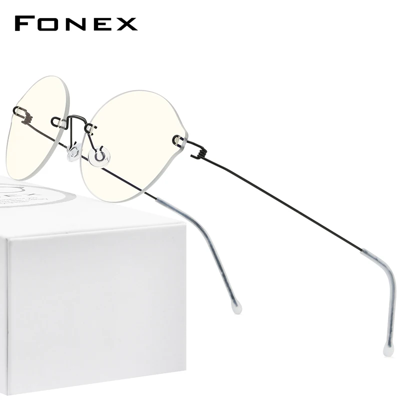 FONEX Titanium Alloy Anti Blue Light Blocking Glasses Men 2020 New Women Rimless Retro Round Eyeglasses with Nylon Lens AB011