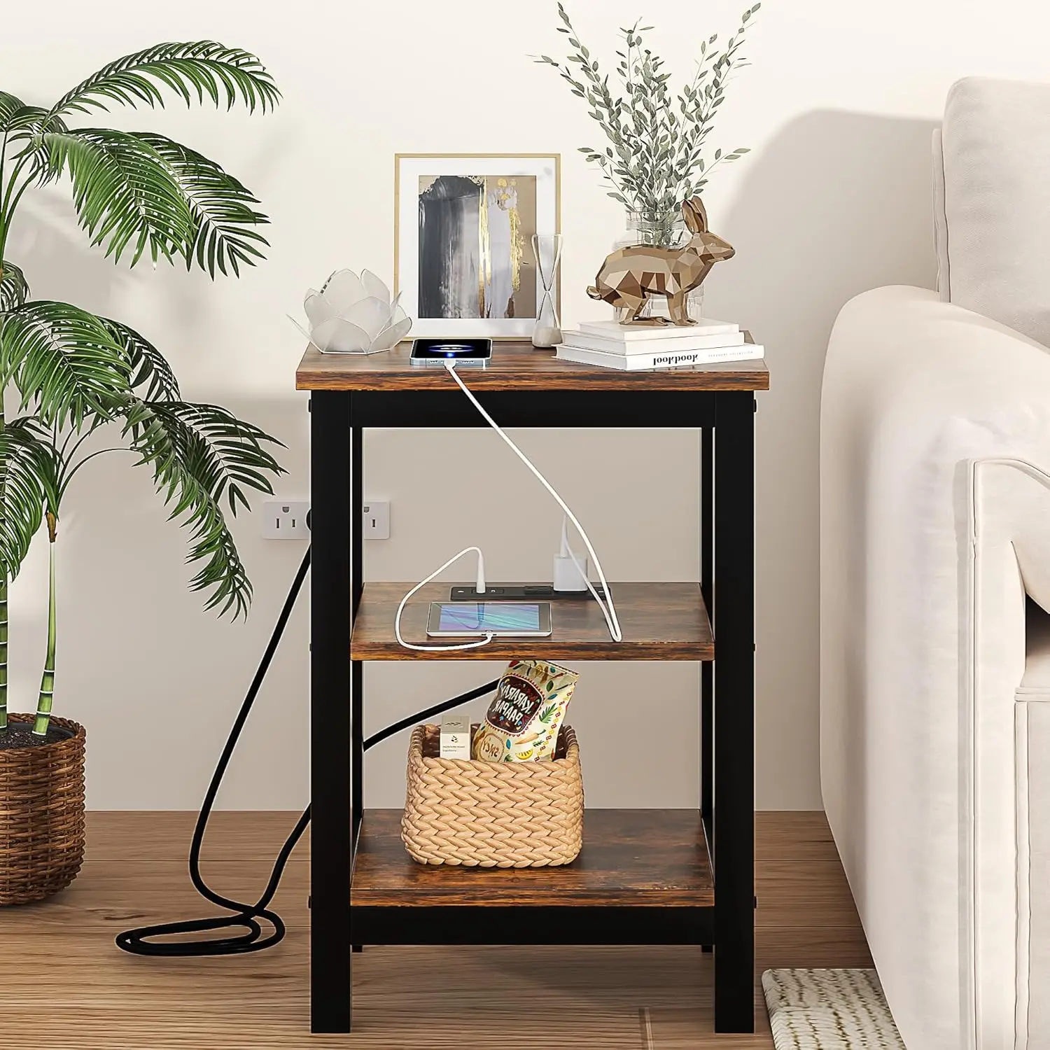 Modern Nightstands With Charging Station,Side End Table Night Stand With Storage Shelf For Small Spaces, Bedroom,Living Room