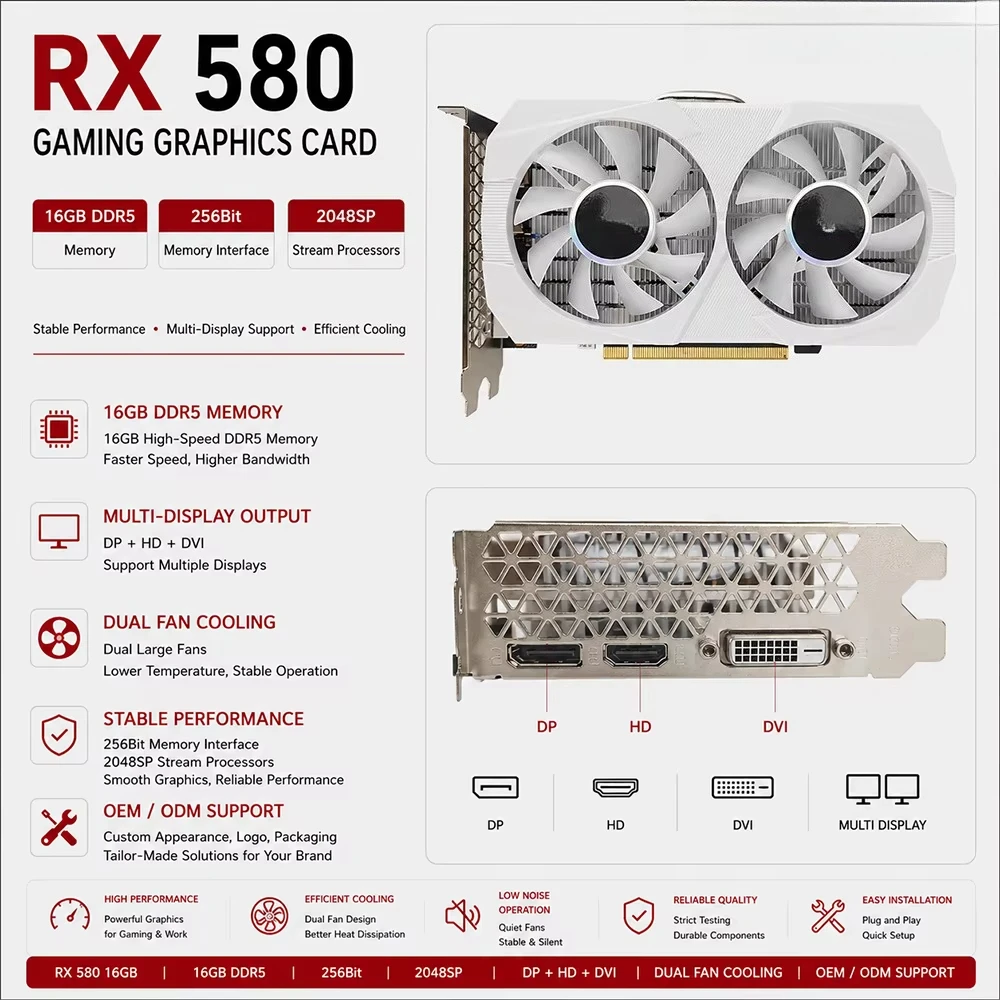 Cost-Effective High Quality New RX 580 16GB GDDR5 256Bit 2048SP Graphics Card OEM/ODM for Desktop PC Gaming Upgrade