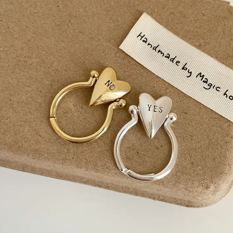 Smooth Rotatable Heart Ring for Women Men Vintage YES or NO Letter Adjustable Finger Rings Niche Design Couple Jewelry Accessory