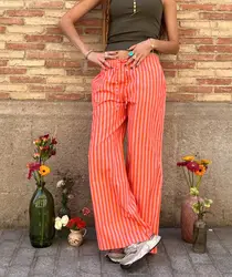 New Fashion Womens Summer Baggy Pants Drawstring Waist Wide Leg Striped Pants With 2 Pockets Club Street Style Hot Sale S M L