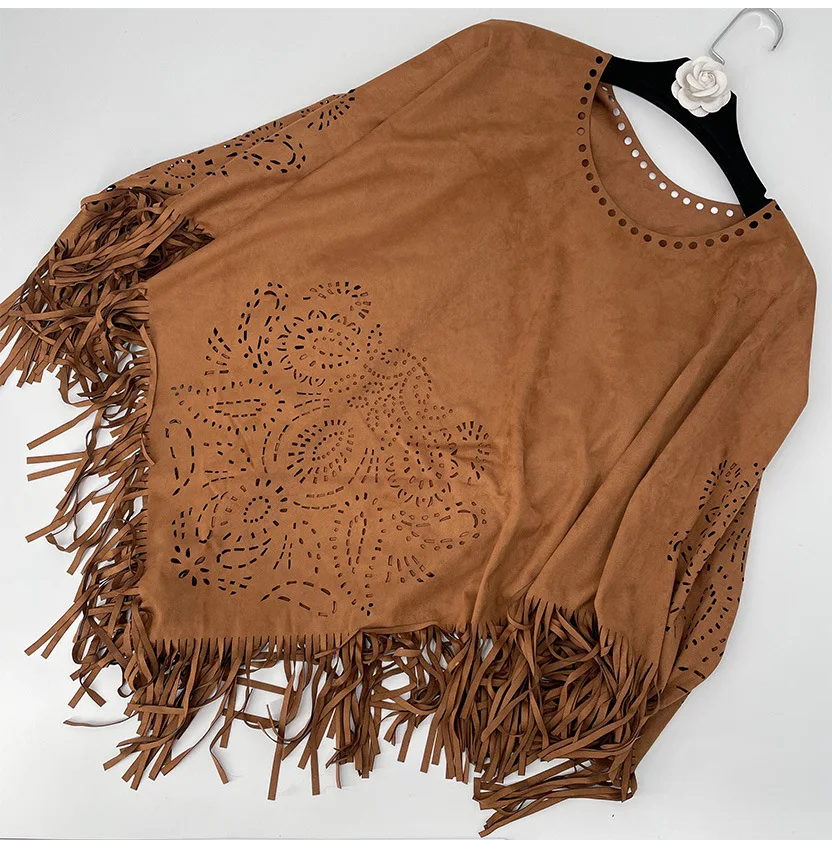 Womens Suede Round Neck Tassel Shawl Cape Flower Hollowed Scarf