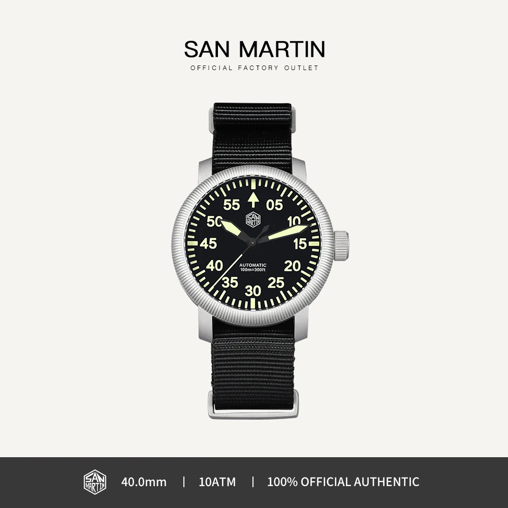 

San Martin Men Watch 40mm Simple Pilot Style Bead Blasted Steel Automatic Mechanical Watches Waterproof 10Bar C3 Luminous SN0143