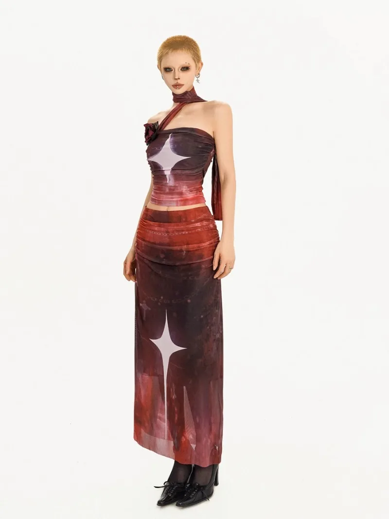 American Retro Solid Color Pattern Printing Summer Mesh Tube Top with Coat Skirt Suit For Women