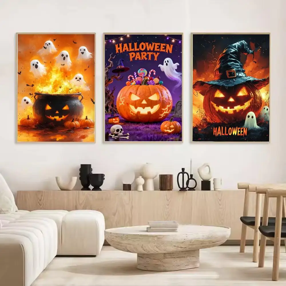 Halloween Jack O lantern Painting Calligraphy Stylish Canvas Poster Wall Art for Living Room Bedroom Cafe Office Decor Gift