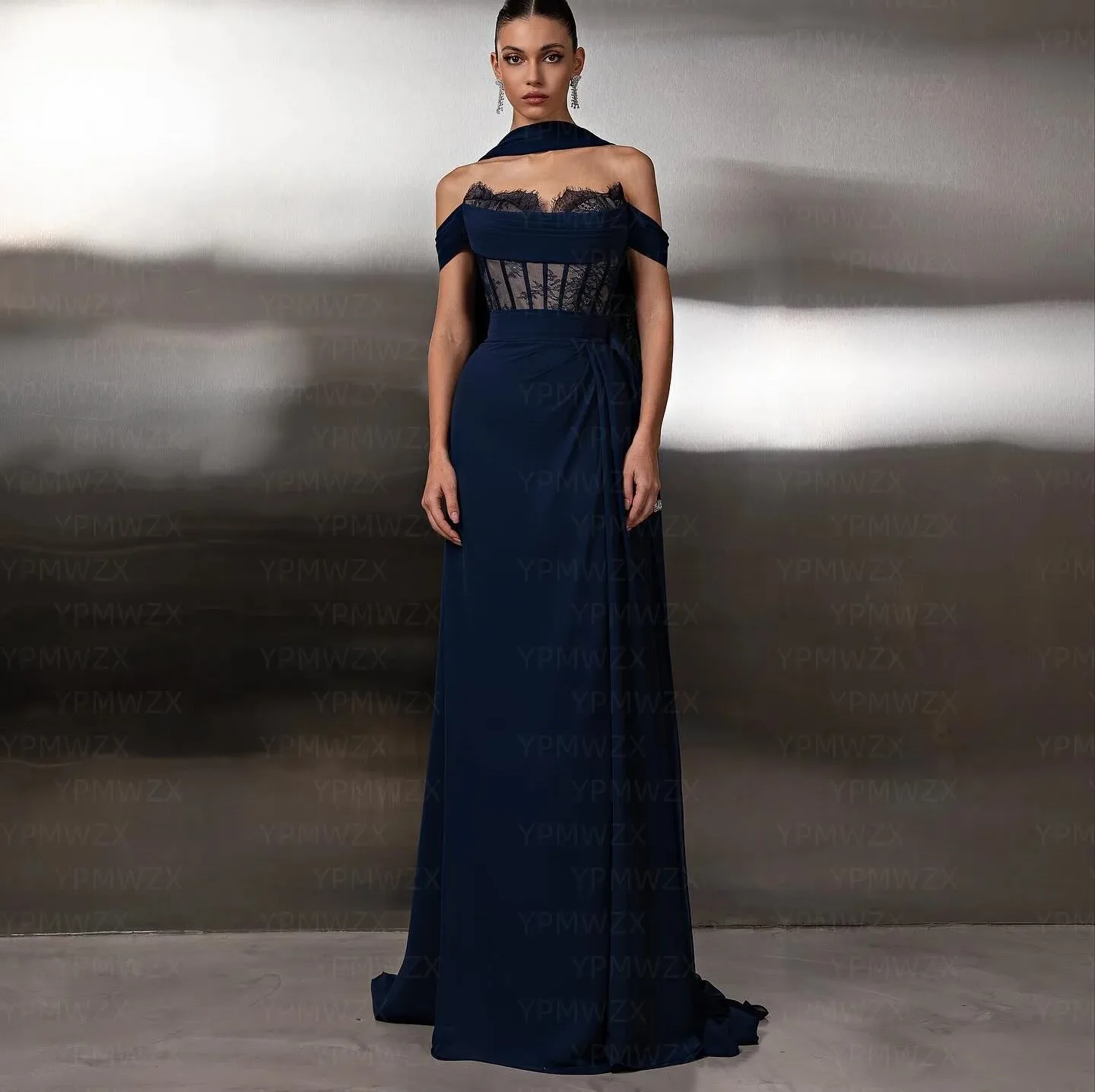 New Modern Navy Blue Prom Party Dress 2026 Off the Shoulder Pleats Chiffon Lace A-line Evening Birthday Formal Gowns Pageant