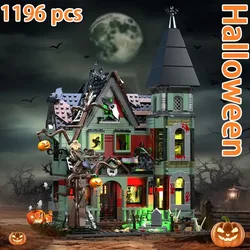 MOC Nightmares Before Xmas Castle House with Light Building Blocks Pumpkin Skeleton Haunted Hut Model Kids Halloween Gift