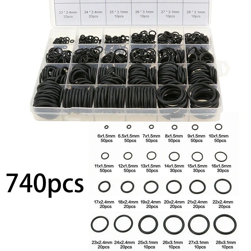 

740PCS/Box NBR O Ring Seal Rubber Washer Seals Assortment Black O-Ring Seals Set Nitrile Washers High Quality For Car Gasket Set