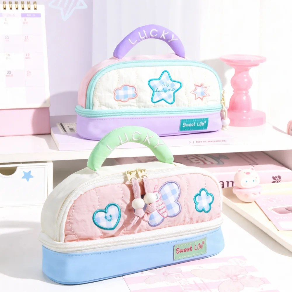 トングジュオ用ポータブル文房具バッグ-大容量ペンシルポーチ-美的デザインの漫画刺繍入りトラベルメイクアップケース