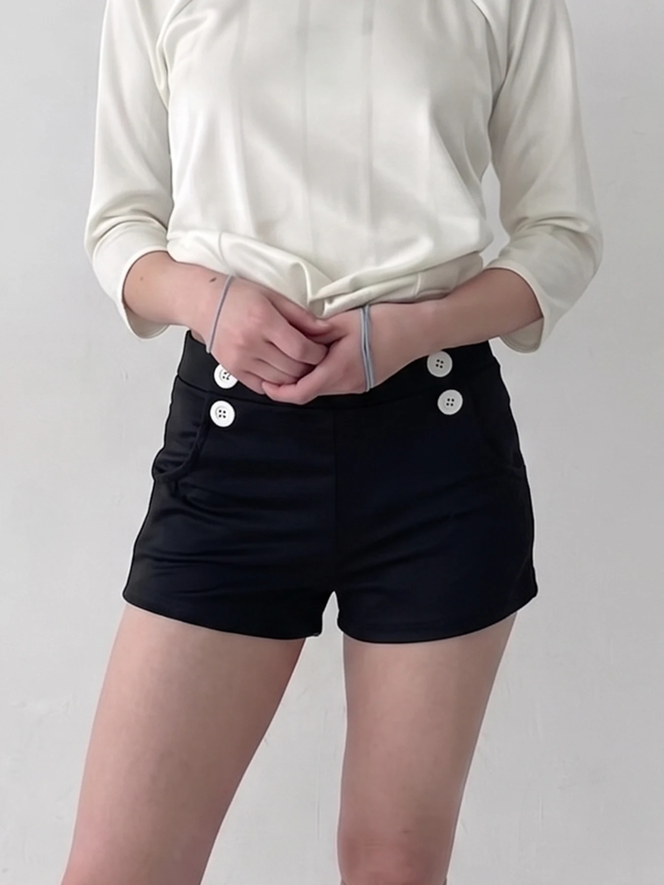 Summer Basic Women High Waist Hot Shorts Harajuku Solid Black Gray Stripe Dual Button Front Pocket Elastic Back Casual Bottoms