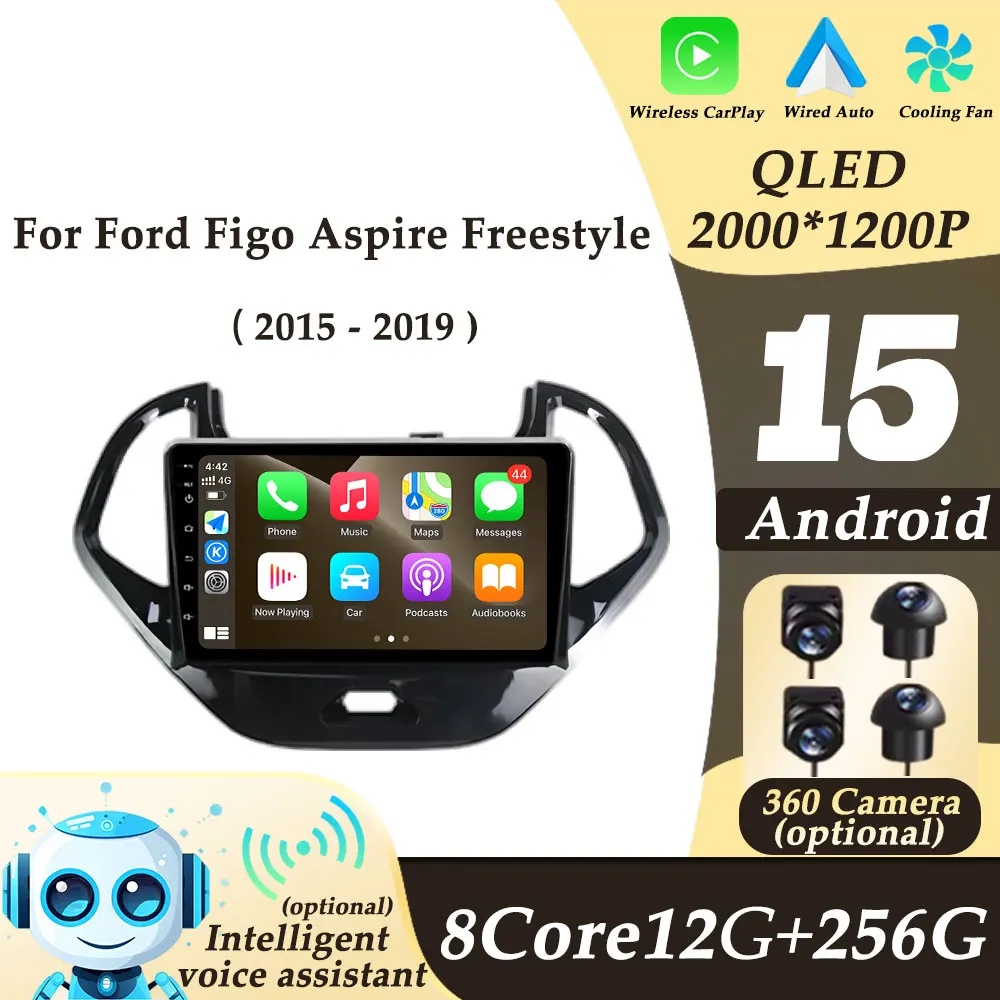 CarPlay Android 15 2K QLED for Ford Figo Aspire Freestyle 2015 - 2019 Car Radio Video Multimedi Player Split Screen GPS Navi DSP