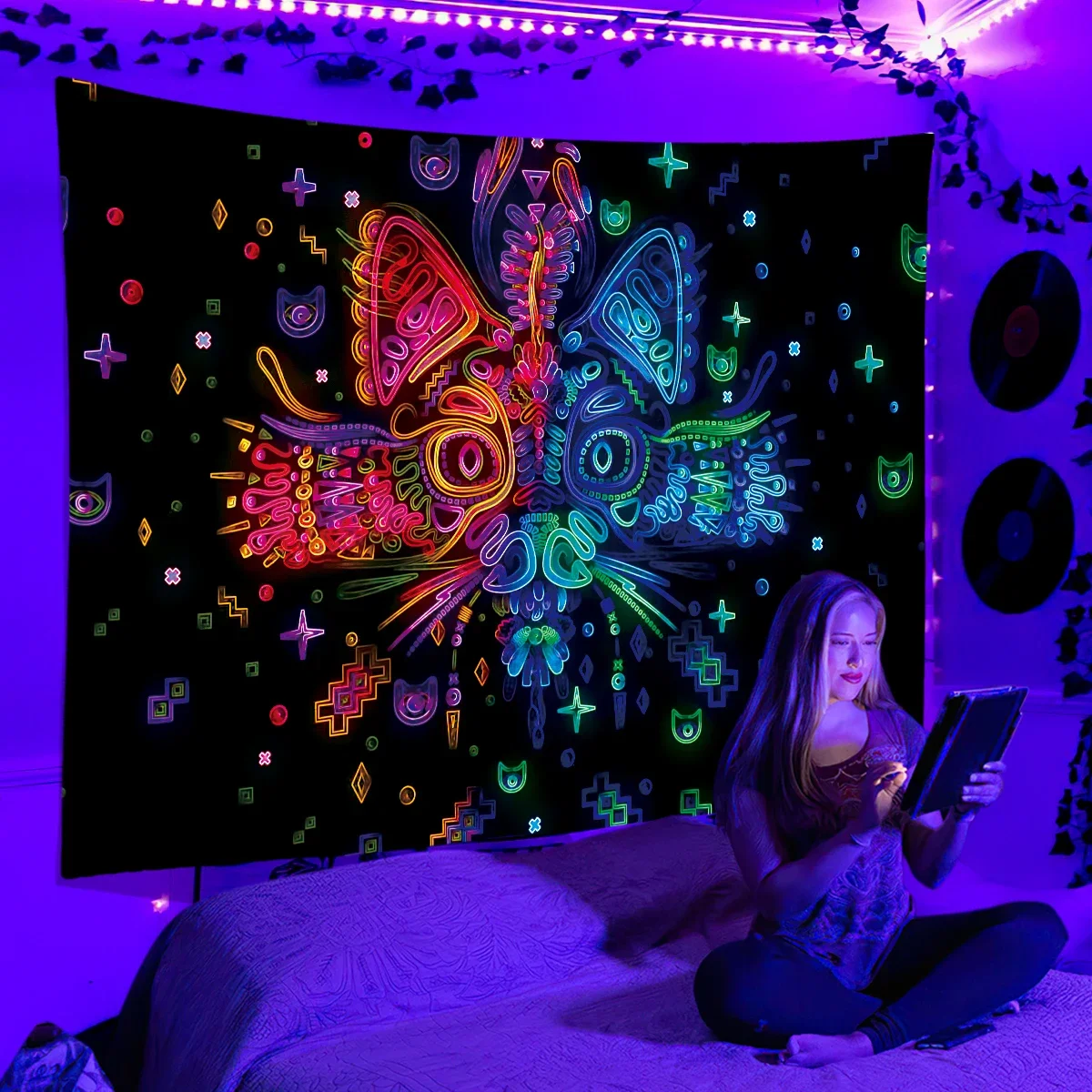 Black Light UV Reactive Psychedelic Space Tapestry Wall Hanging Hippie  For Bedroom Dorm Independent Room Decoration