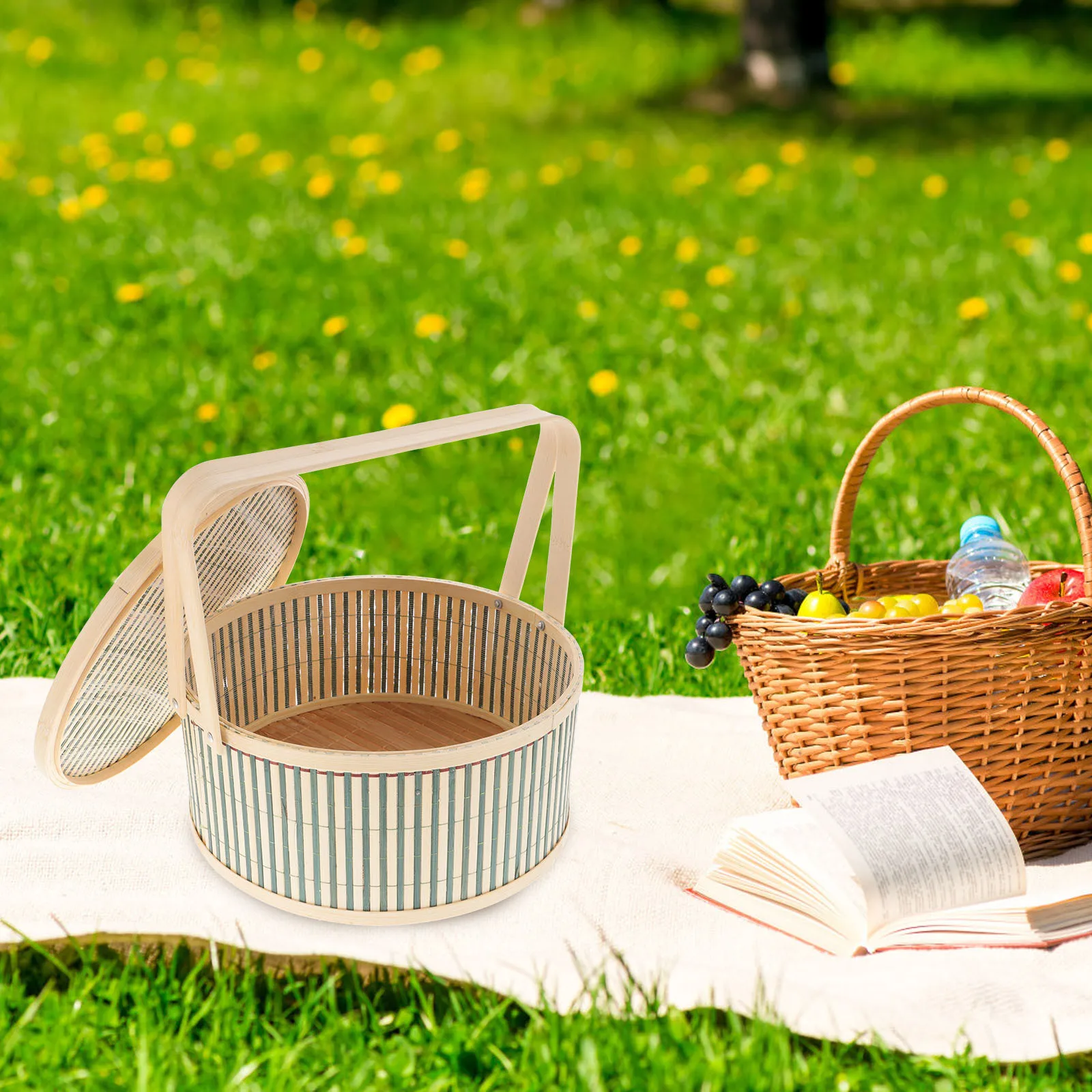 

Bamboo Woven Lunch Basket Durable Portable Storage Picnic Basket Fruit Snacks Holder Woven Breads Storage Holder
