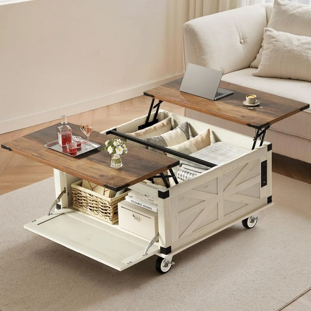 

Farmhouse Coffee Table with Storage 36" LED Bilateral Lift Top Coffee Tables with Wireless Light Strips Square Center Table with