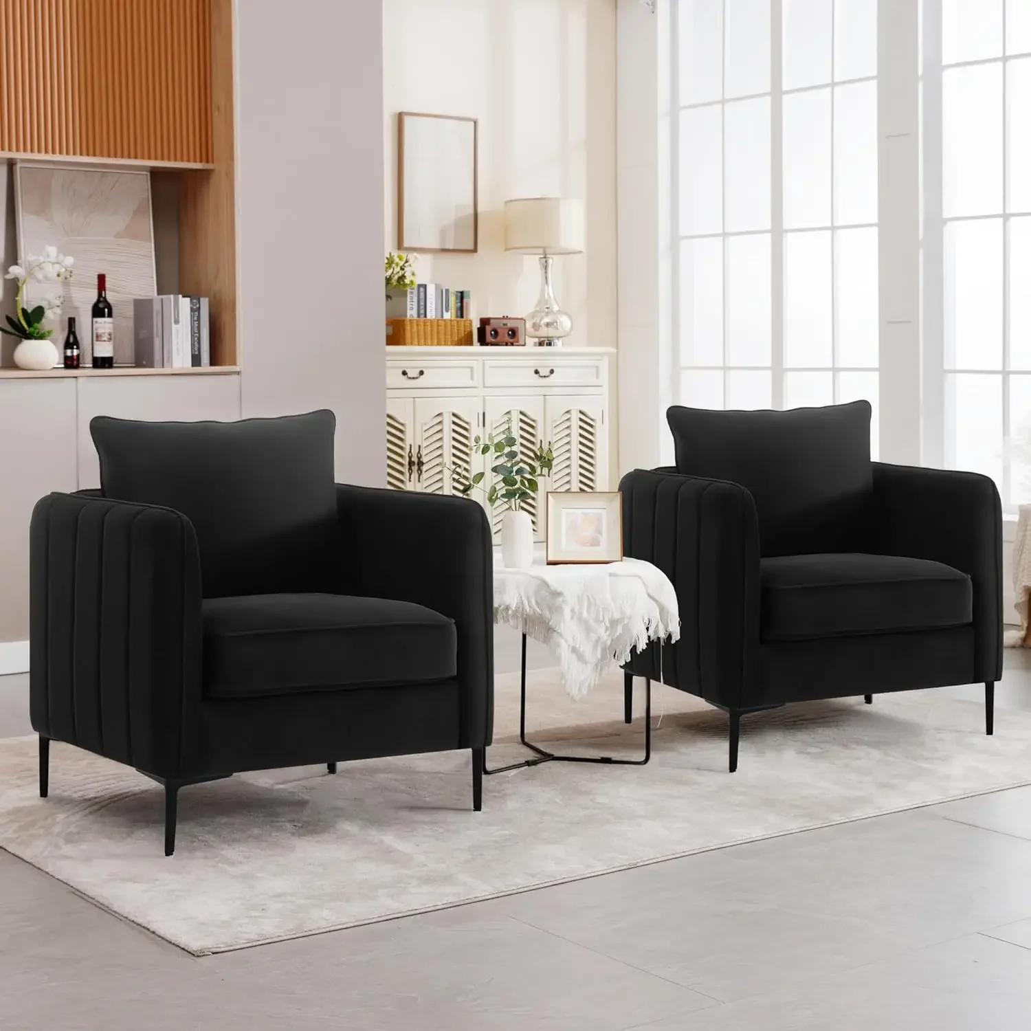 Black Velvet Accent Chairs Set of 2, Modern Upholstered Accent Chair Comfy Velvet Armchair with Thick Cushion and Wood Frame