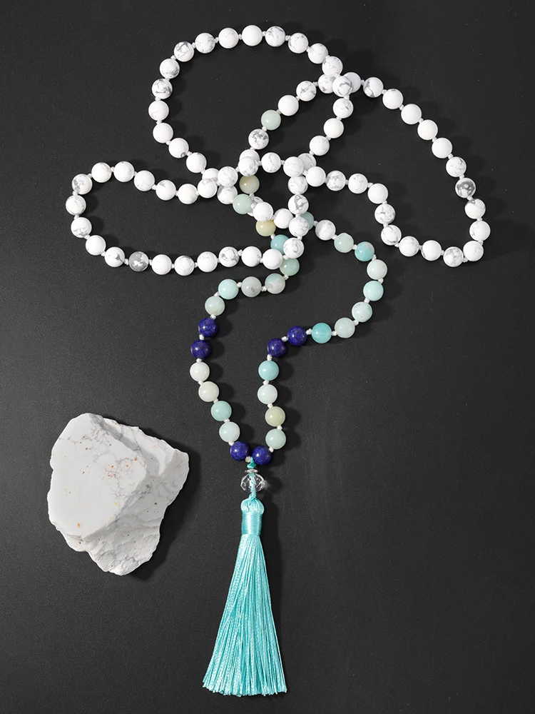 

OAIITE Natural Amazon Stone Necklace Men Reiki Healing Stretch Pulse 108 Mala Necklace Women Yoga Energy Lapis Lazuli Jewelry