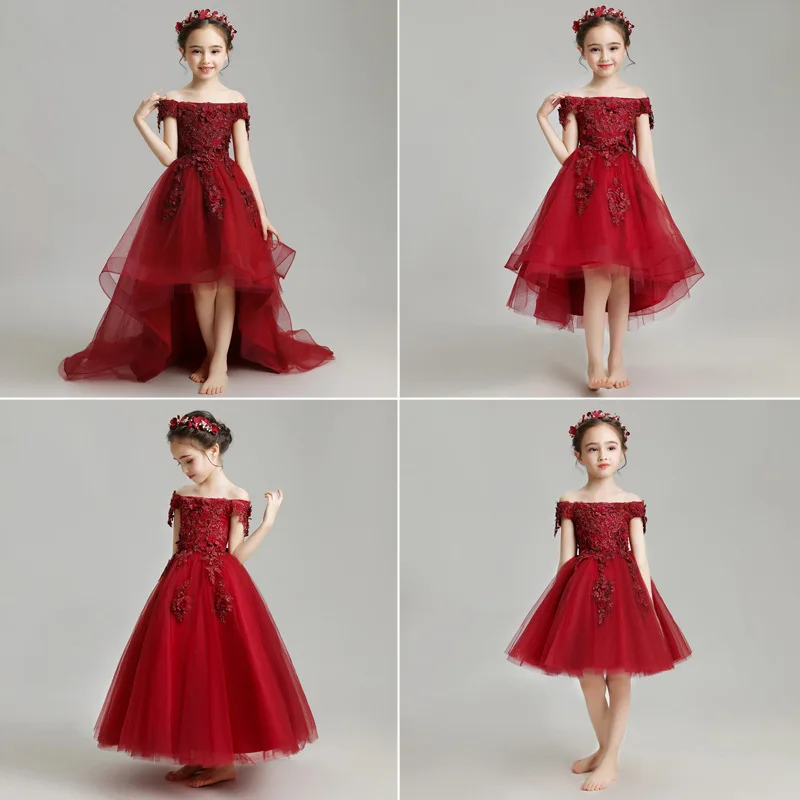 Children's Evening Dress Princess Dress Puffy Tulle Girl Wedding Dress with Train Kids Flower Girl Model Show Piano Performance