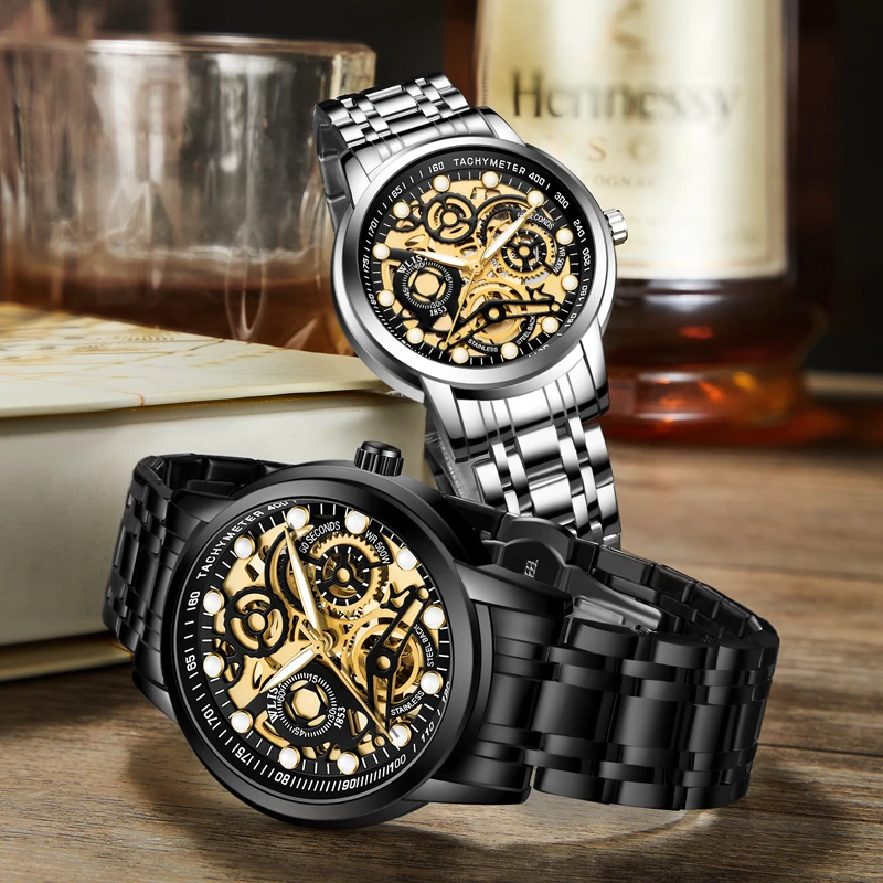 Mechanical Mens Watches Skeleton Hollow Stainless Steel Waterproof Luminous Watches for Man Luxury reloj hombre masculino