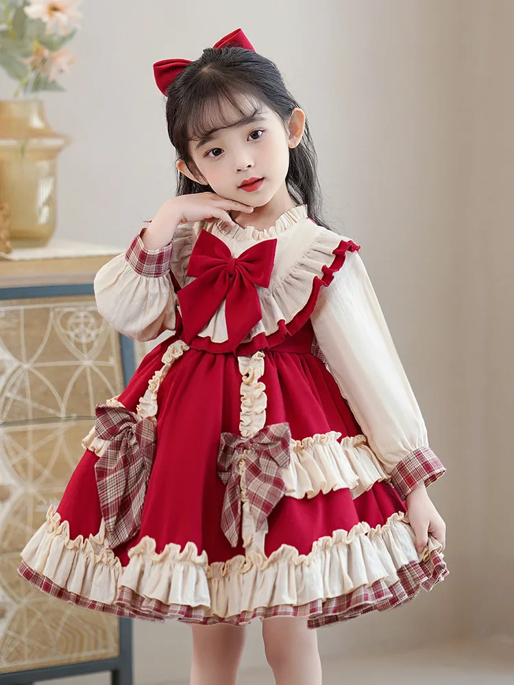 Children Birthday Princess Dress Girls2024New Autumn Lolita Dresses Western Style Bubble Skirt