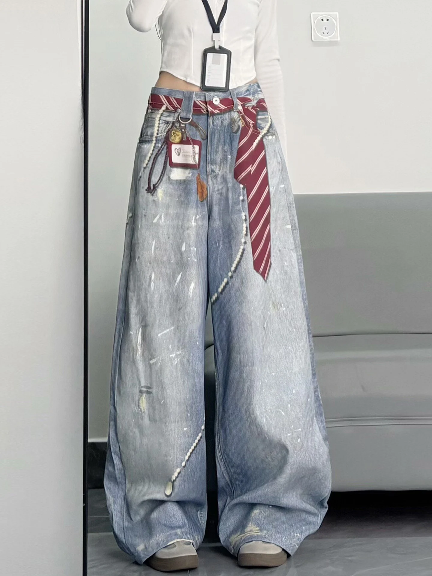 

Джинсы женские свободного кроя с высокой талией и широкими штанинами в стиле ретро-американский дизайн, повседневные, синие, осенняя новинка