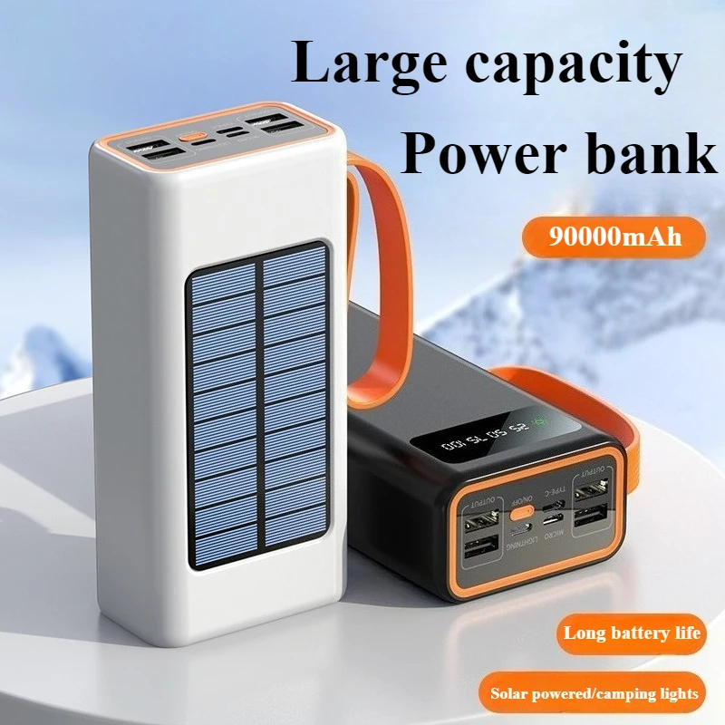 

Портативный аккумулятор большой емкости 90000 мАч с функцией солнечного или кемпингового освещения, быстрая зарядка, внешняя резервная батарея