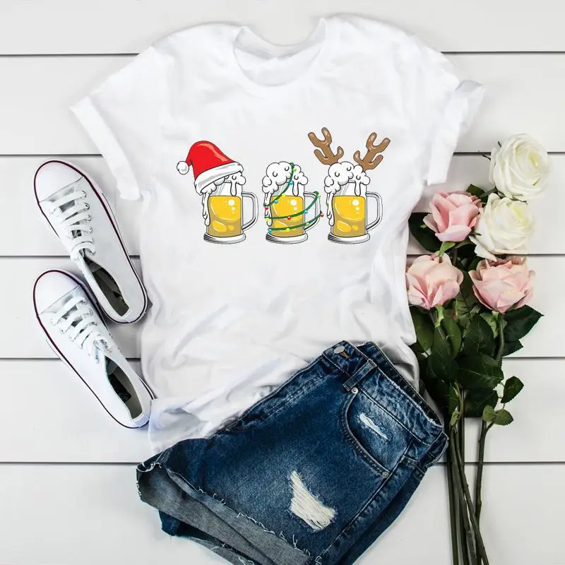 Tshirt Simple Fashion Christmas Wine Cup Youth Summer T-shirt Men and Women Short-sleeved White T-shirt  Aesthetic