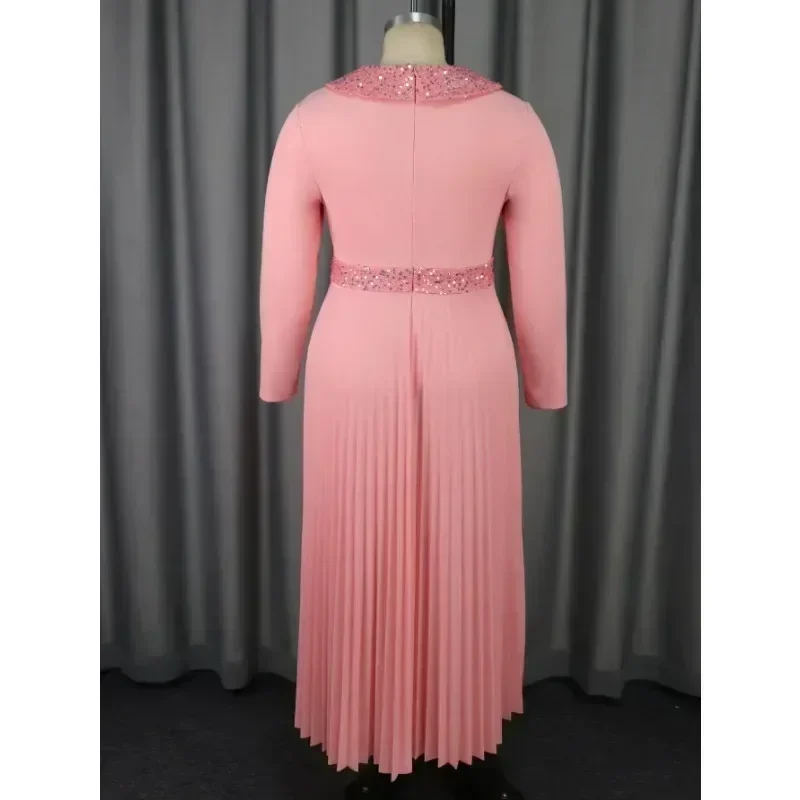 Klassisches rosafarbenes Maxi-Plisseekleid für Damen, unregelmäßiger Glitzer-Ausschnitt, hohe Taille, A-Linien-Kleider, formelle Veranstaltungsanlässe, Kirchenkleider