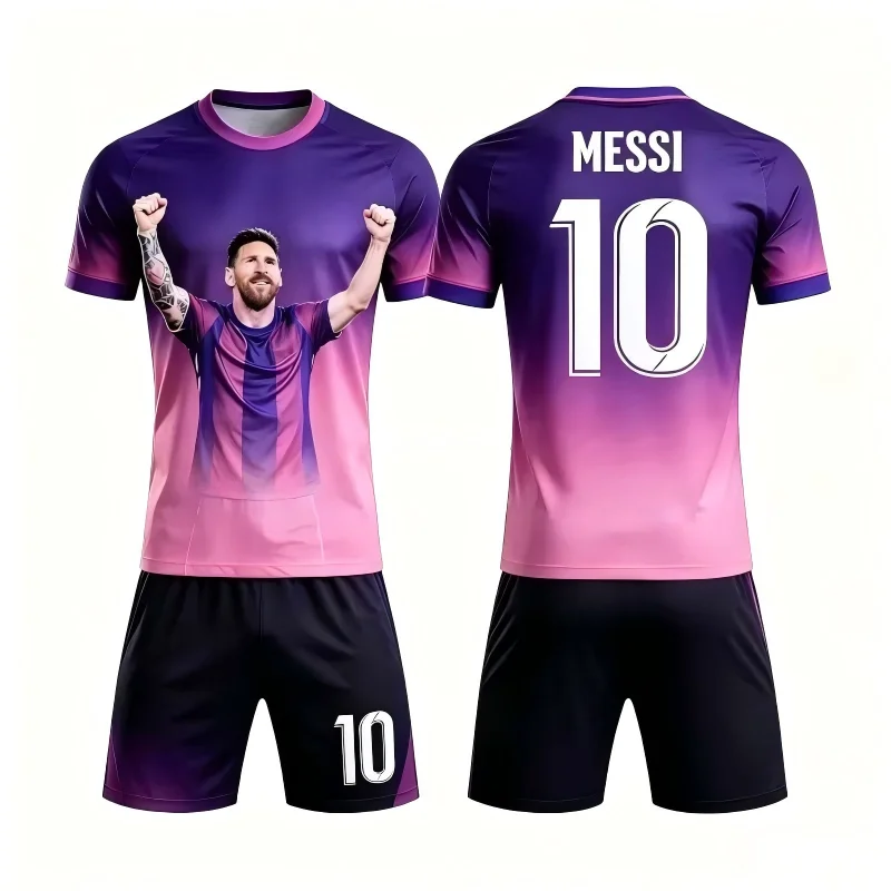 2026 AI HD Printed Messi No.10 Football Jersey Set Unisex Quick Dry T-shirt Shorts 2 Piece Sportswear For Adults Kids