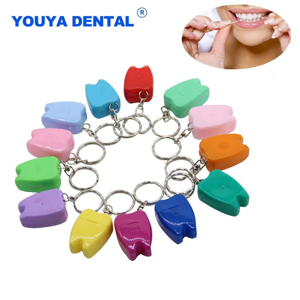 20Pcs Portable Dental Teeth Floss Tooth-Shaped Key Chain Flat-Line Design Floss Roll Cleaning Oral Care Hygiene 15M Length