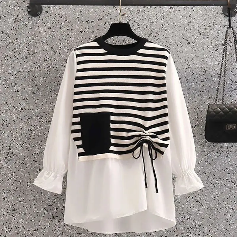 Female Streetwear Striped Fake Two Pieces T-shirt 2023 Spring Autumn Loose All-match Shirring Stylish Pockets O-Neck Pullovers