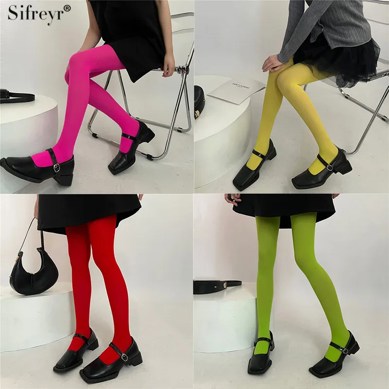 Sifreyr Candy Color Sexy Pantyhose Women Stockings Tights High Elastic Slim See Through Leggings Midnight Club Party Red Socks