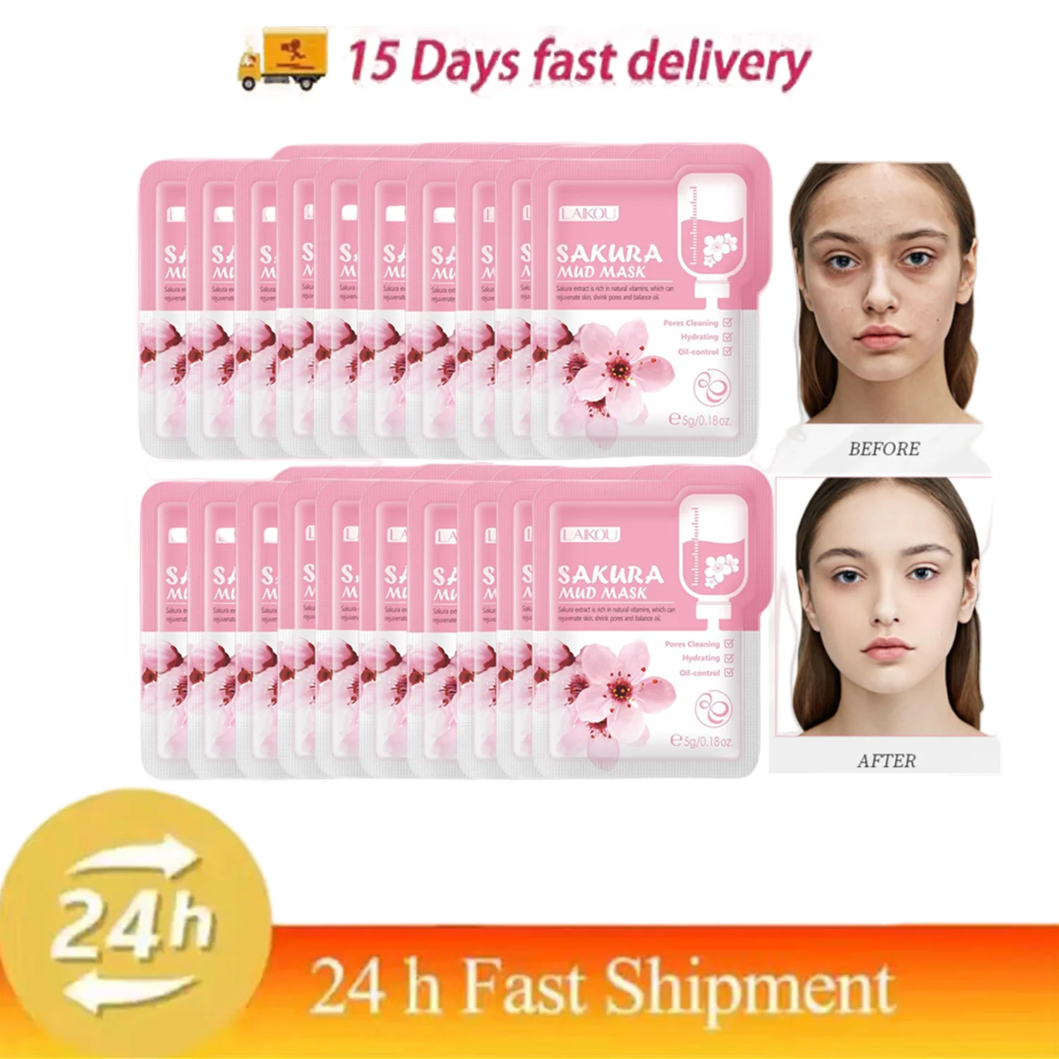 

LAIKOU Sakura Mud Mask Brightening Hydrating Face Luminious Skin Clean Facial Cleansing Clay Hydrating Skin Care 100/50/10Pcs