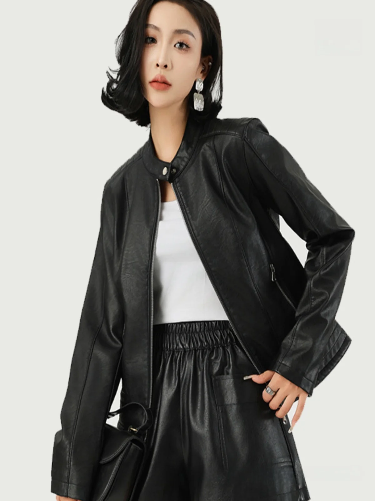 جاكيت نسائي جلدي أنيق بتصميم دراجة نارية، جلد صناعي فاخر، أكمام طويلة بسحاب، تصميم ضيق، مناسب للتنقل، للخريف والشتاء