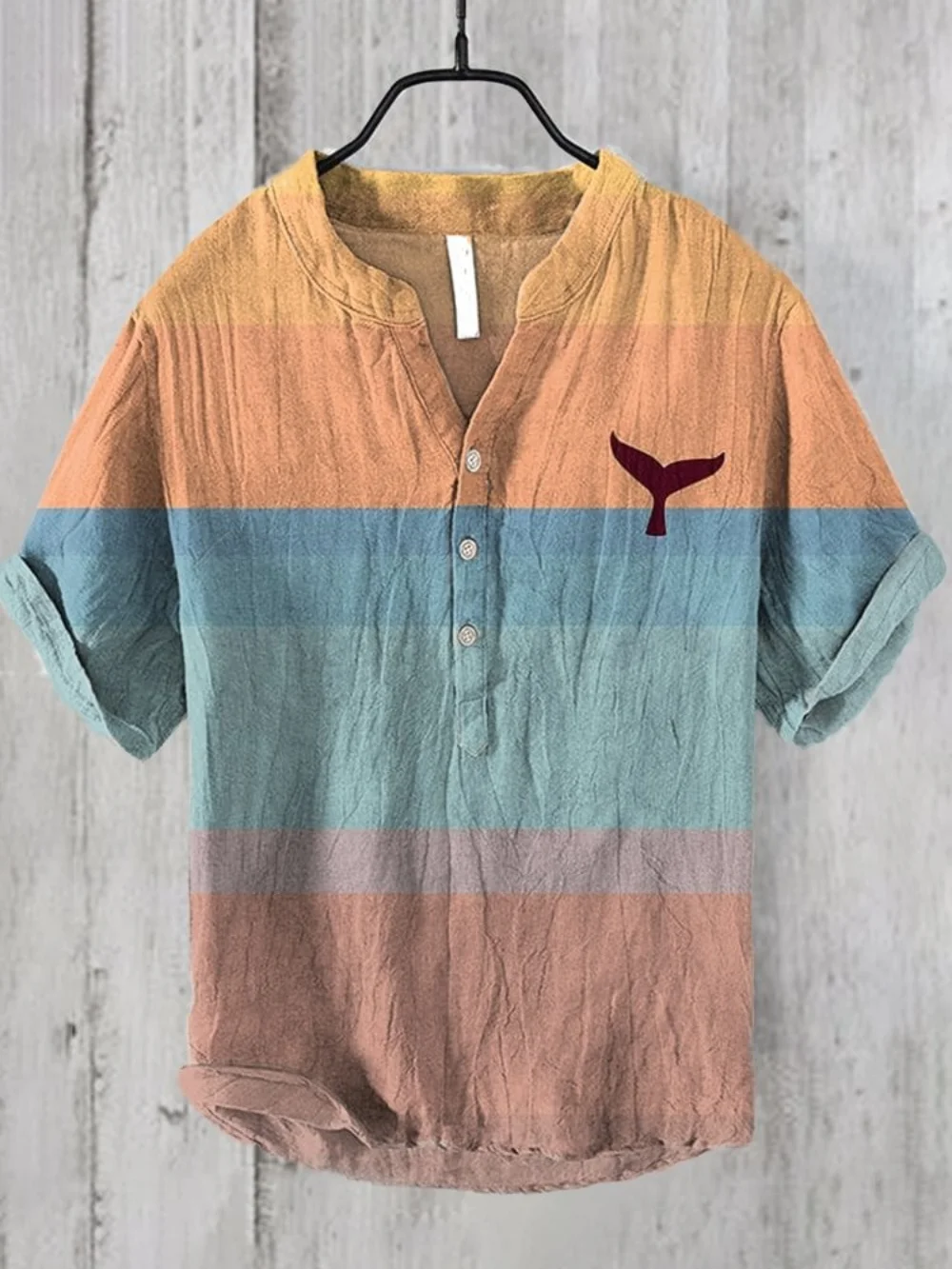 

Summer short sleeved linen pullover, ocean print 3-button V-neck polo shirt, casual men's street top for daily outings