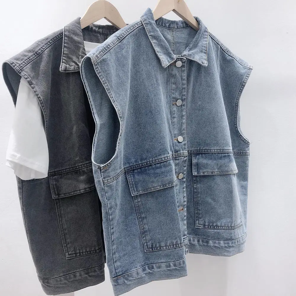Retro Washed BF Wind Tooling Denim Vest Outer Wear Japanese Couple Sleeveless Loose Versatile Coat Women