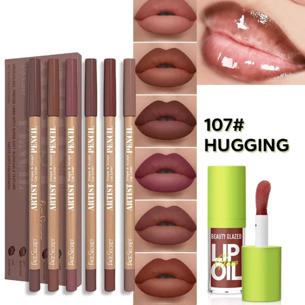 ชุดลิปไลเนอร์เนื้อแมทกันน้ำ 6 ชิ้น BEAUTY GLAZED + ลิปออยล์ ลิปเอสเซนส์ ลิปออยล์เพิ่มความอวบอิ่ม ลิปทินท์ บำรุงริมฝีปาก ลิปกลอส เครื่องสำอาง