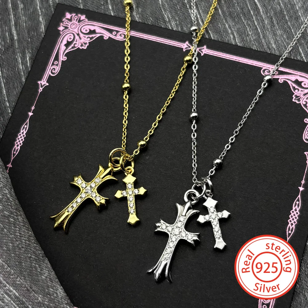 

Серебряное ожерелье 925 пробы с двойным католическим крестом и цирконами для женщин и девушек, подвеска-амулет в стиле Y2K, цепочка на ключицу, ювелирное украшение, подарок
