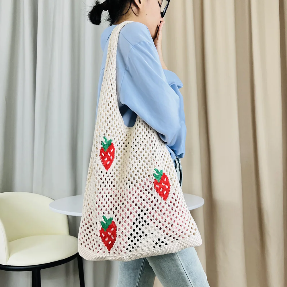 Women Large Capacity Shoulder Bag Stylish Strawberry Cherry Pattern Crochet Tote Bag Trendy Bag Cute All-Match Bag Knitting Bag