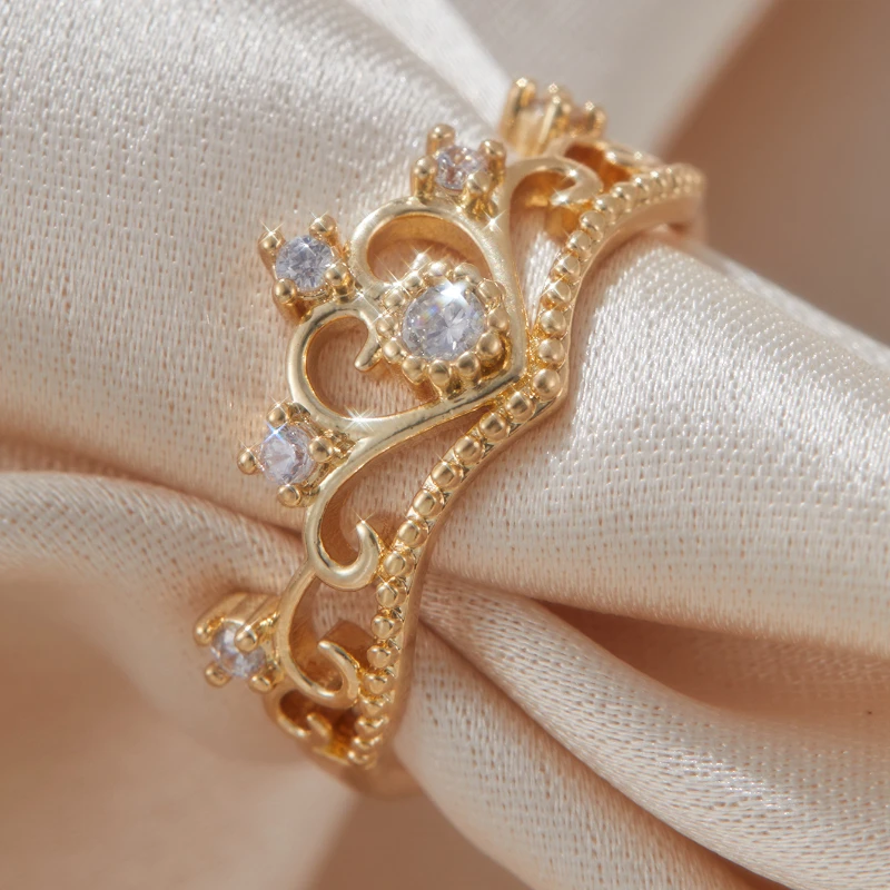 Elegant Gold Color Crown Ring for Women with Sparkling Cubic Zirconia Intricate Design, Perfect for Casual Attire or Gift Giving